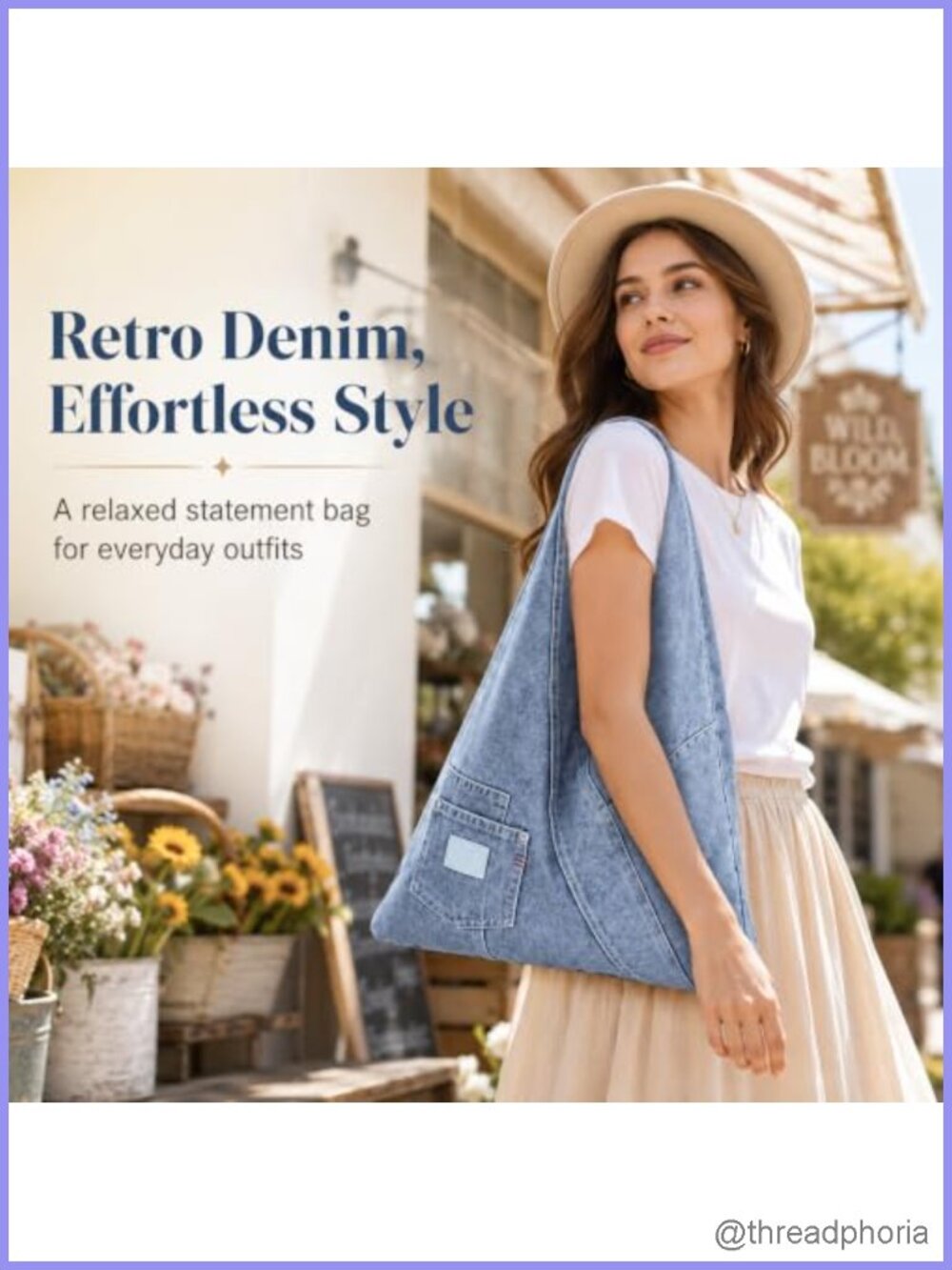 Denim Shoulder Bag Large Retro Jean Tote Purse Hobo Slouchy Open Top